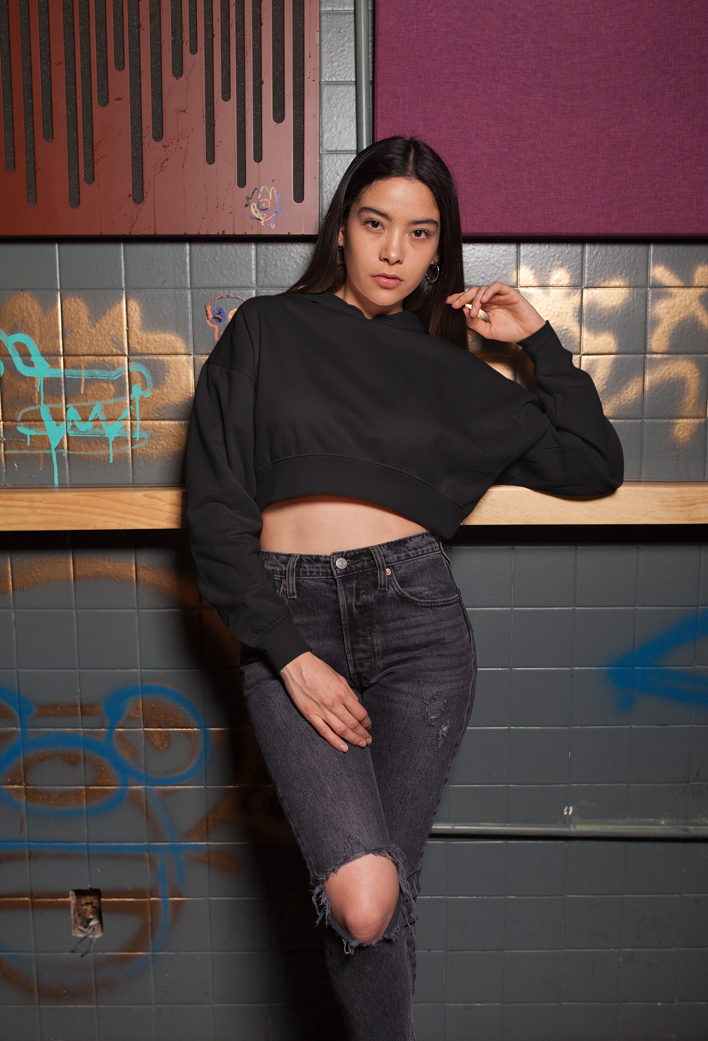 Black Snowsoft Women Crops Hoodie